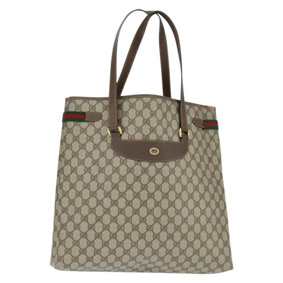 GUCCI GG Supreme Web Sherry Line Tote Bag PVC Beige Gold - Picture 2 of 16